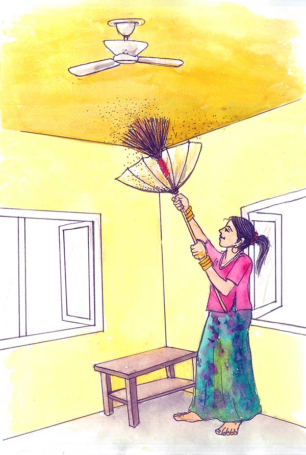 Image of Modified broom with dust collector for cleaning ceiling
